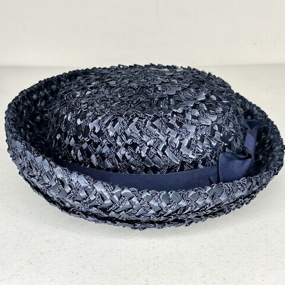 Vintage braided straw 1960’s Ribbon Navy Blue Womens Bowler Clouche‎ Hat - Picture 4 of 7
